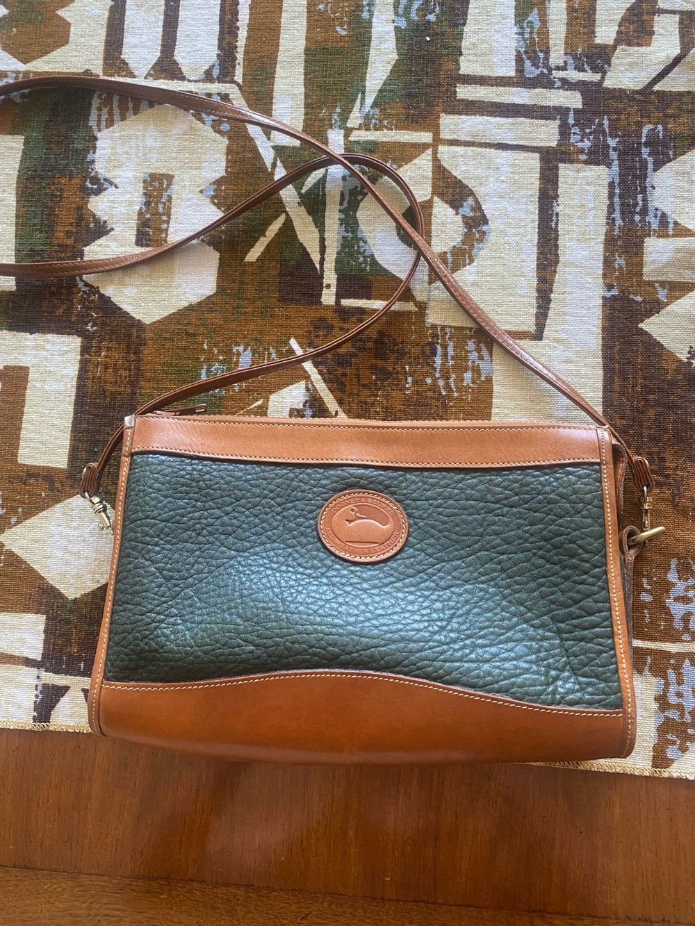 Vintage Dooney & Bourke Green Pebbled Leather Weather Crossbody with Tan Trim